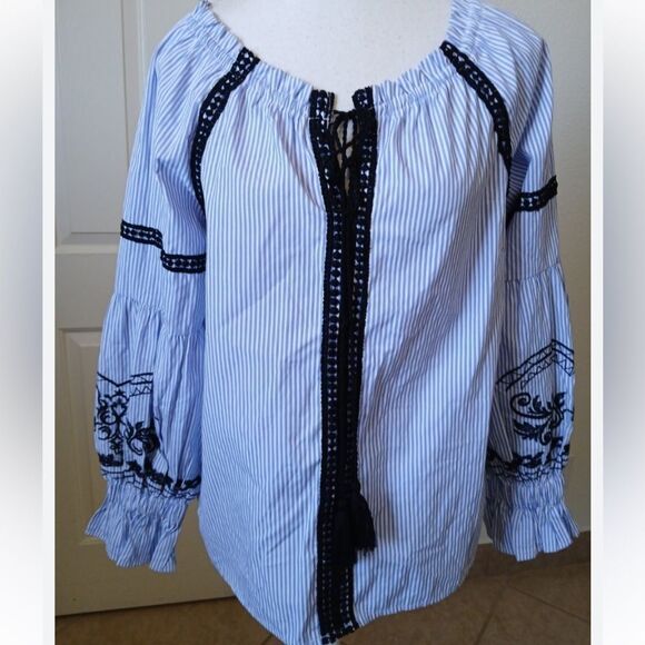 MANGO USA Blue and Black Relaxed Striped Embroidery Women's Blouses Size S - Picture 2 of 16